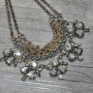 Chicos Signed Necklace Antique Gold Silver Tone Layered Chain Statement Jewelry